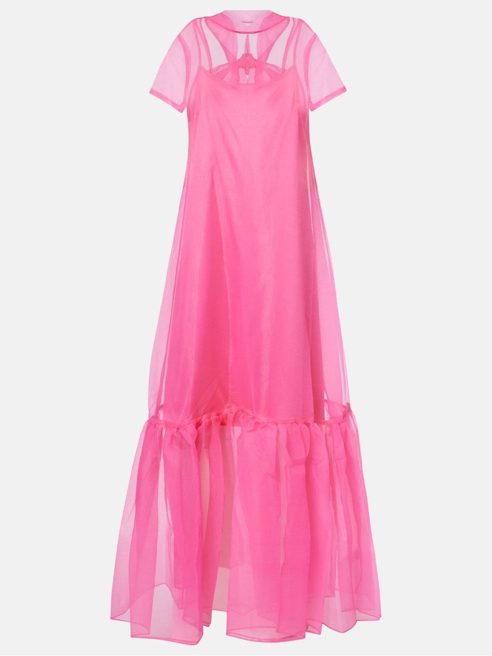 STAUD Calluna Pink Sheer Maxi Dress with Ruffle Hem
